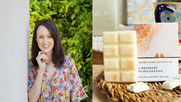 This image depicts Georgina, Director of Banks-Lyon Botanical, beside one of her amazing bath products