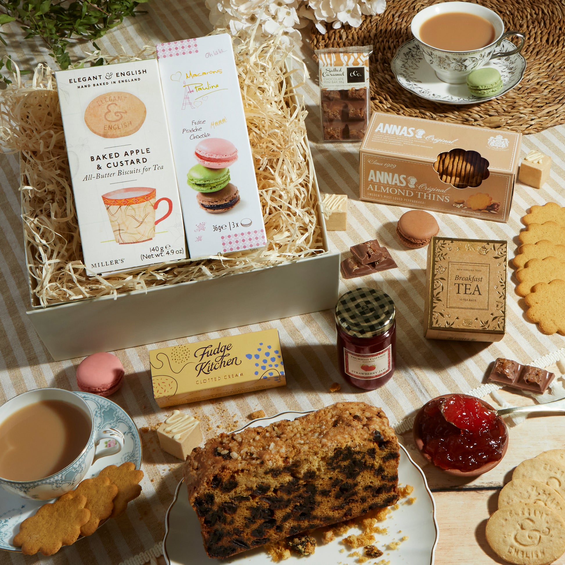 Close up of products in Afternoon Tea Delights Hamper, a luxury gift hamper from hampers.com UK