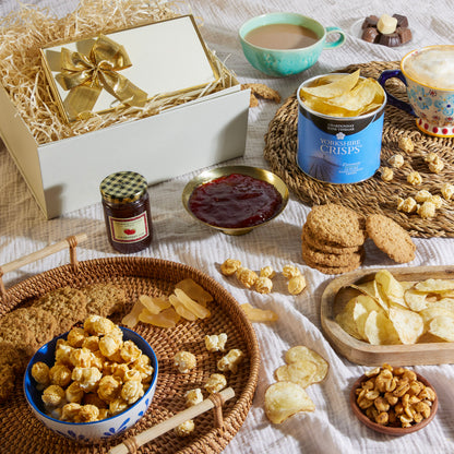 Close up of products in The Joyful Delights Hamper, a luxury gift hamper from hampers.com UK