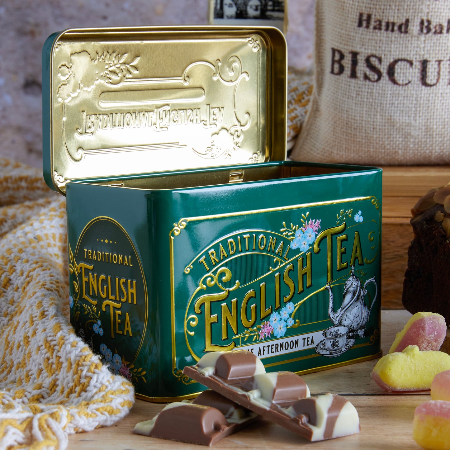 Close up of producs in the Traditional Treats Hamper, a luxury gift hamper from hampers.com UK