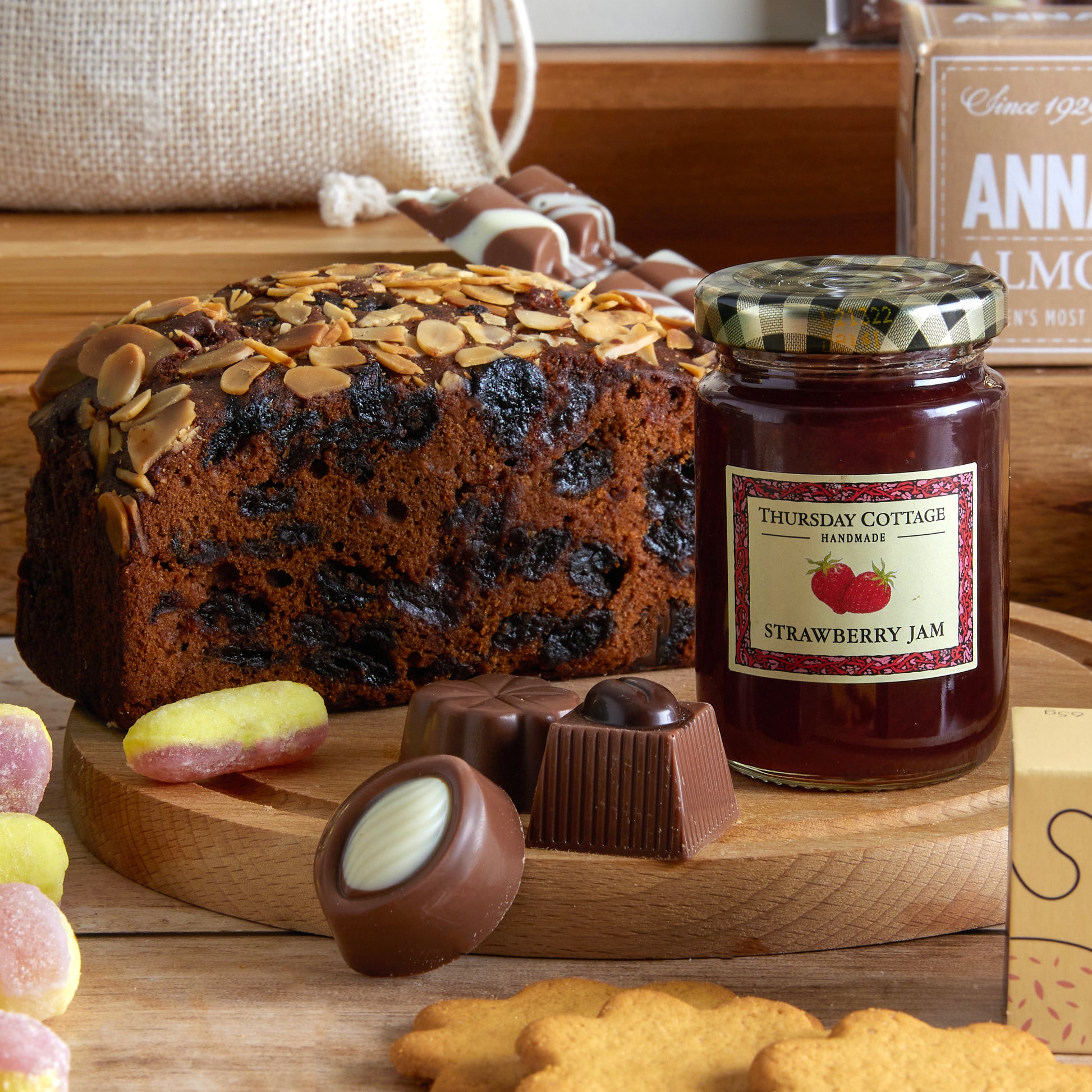 Close up of producs in the Traditional Treats Hamper, a luxury gift hamper from hampers.com UK