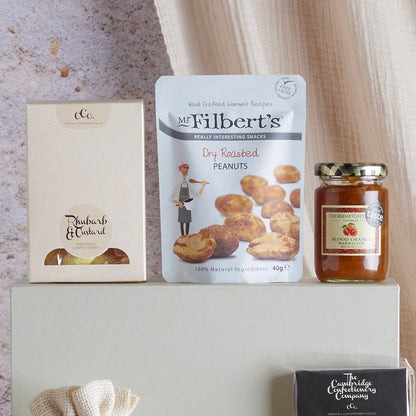 Close up of producs in the Traditional Treats Hamper, a luxury gift hamper from hampers.com UK