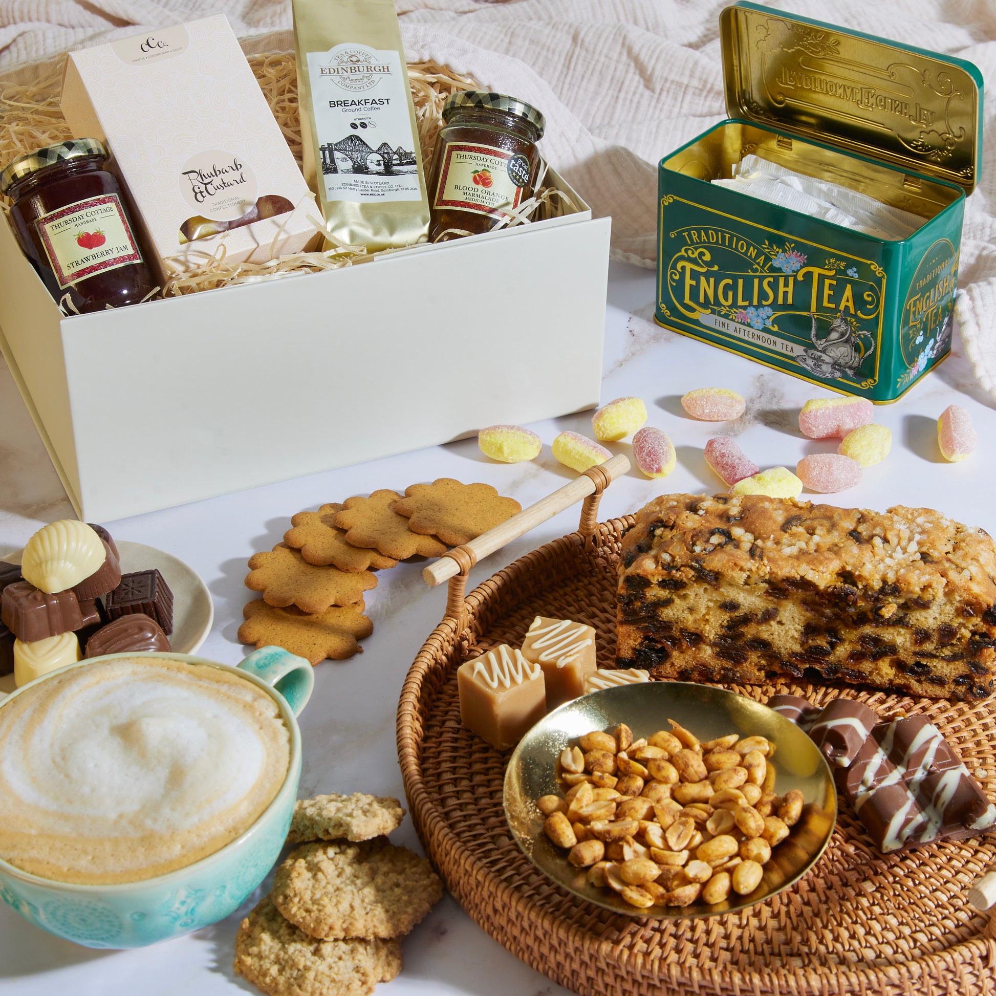 Close up of producs in the Traditional Treats Hamper, a luxury gift hamper from hampers.com UK