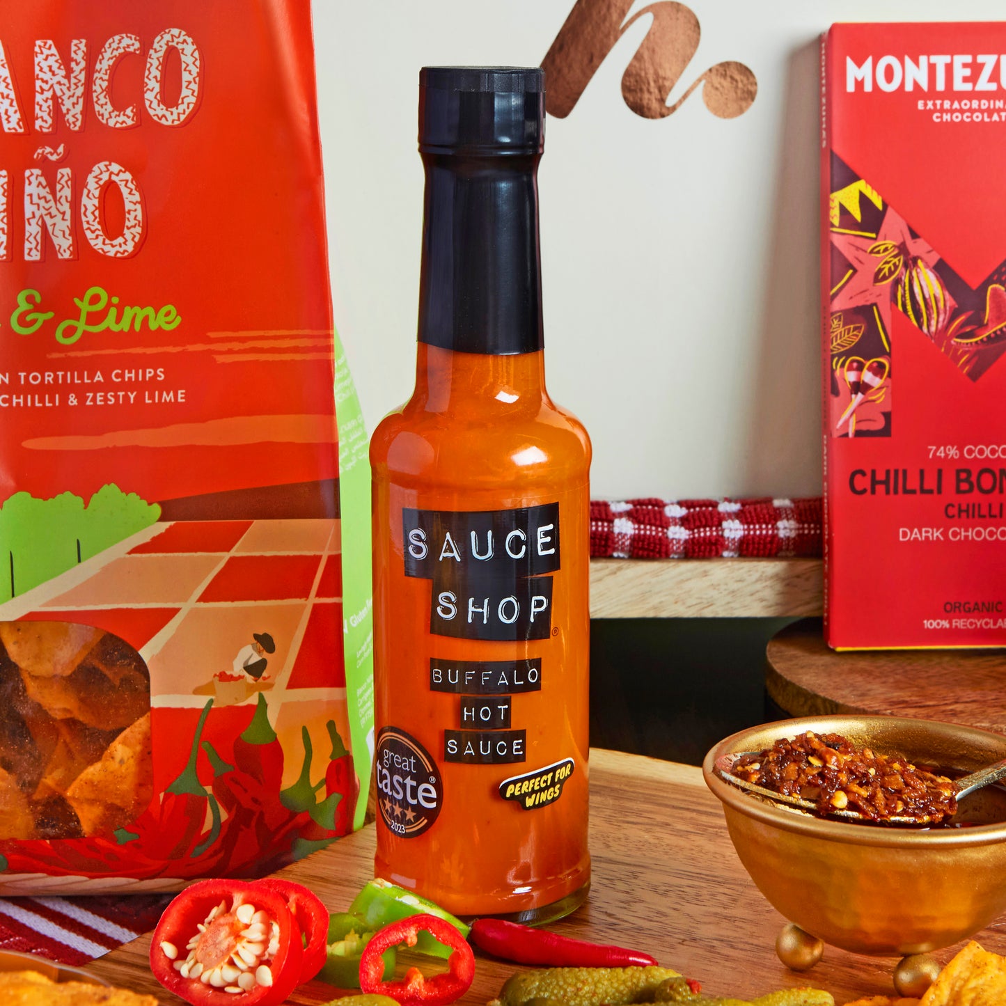 Close up of products in 'Hot Stuff' Chilli Lover's Gift Box, a luxury gift hamper from hampers.com UK