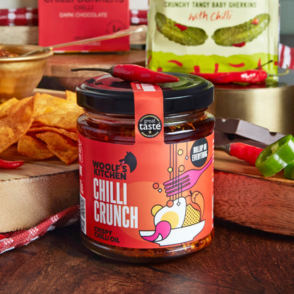 Close up of products in 'Hot Stuff' Chilli Lover's Gift Box, a luxury gift hamper from hampers.com UK