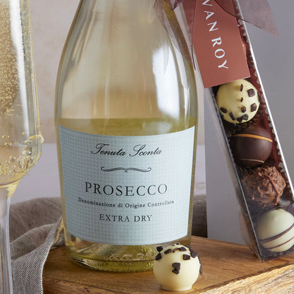 Close up of products in the Prosecco & Belgian Chocolates Hamper, a luxury gift hamper from hampers.com UK