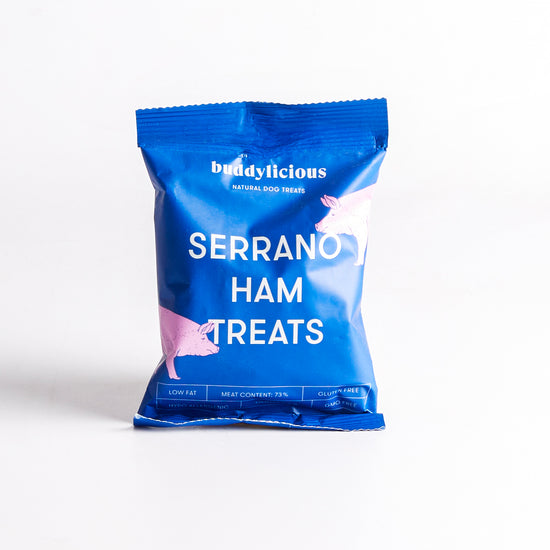 Image of 100g Serrano Ham Dog Treats by Buddylicious, part of luxury gift hampers from hampers.com UK