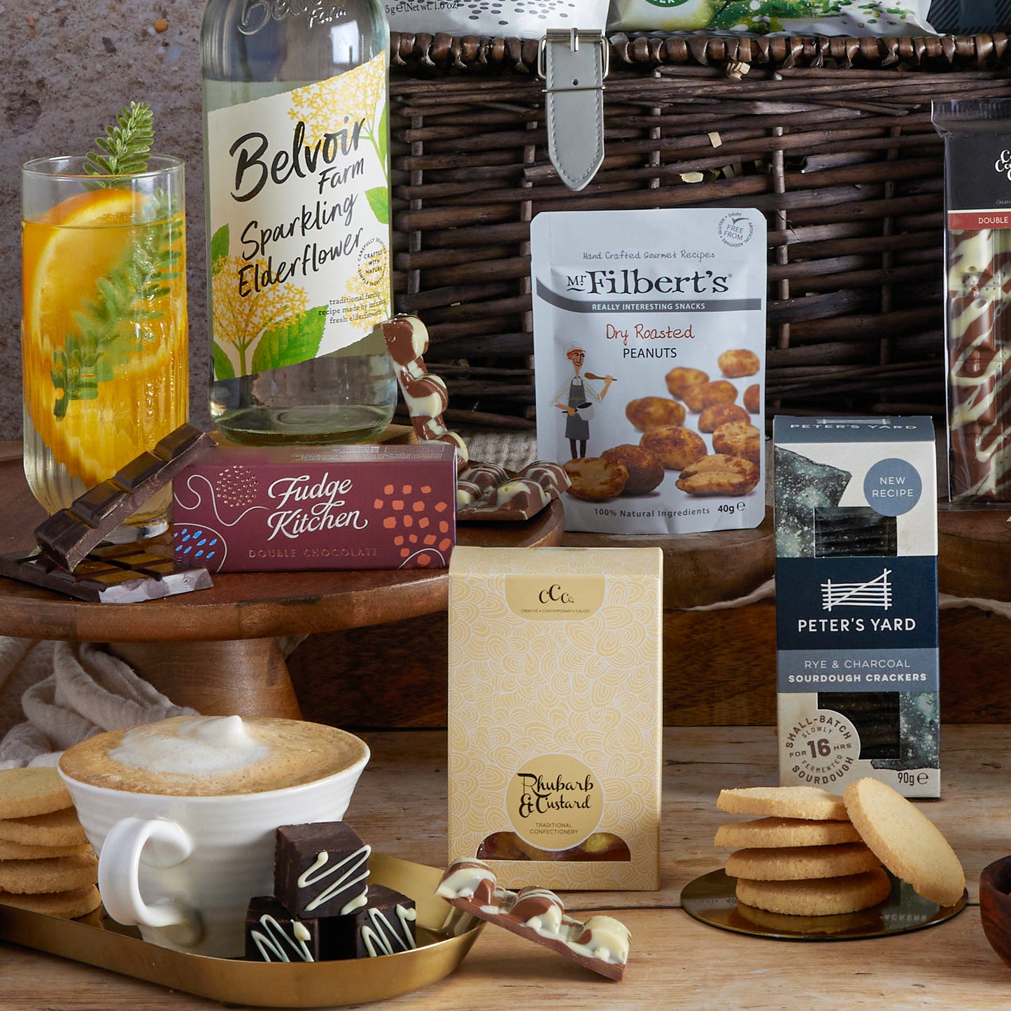 Close up of products in Premium Alcohol Free Hamper, a luxury gift hamper from hampers.com UK