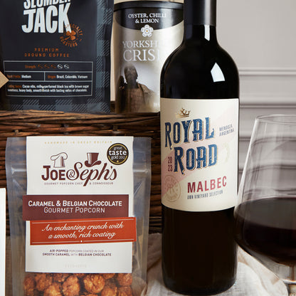 Close up of products in Food & Wine Lovers Gift, a luxury gift hamper from hampers.com UK