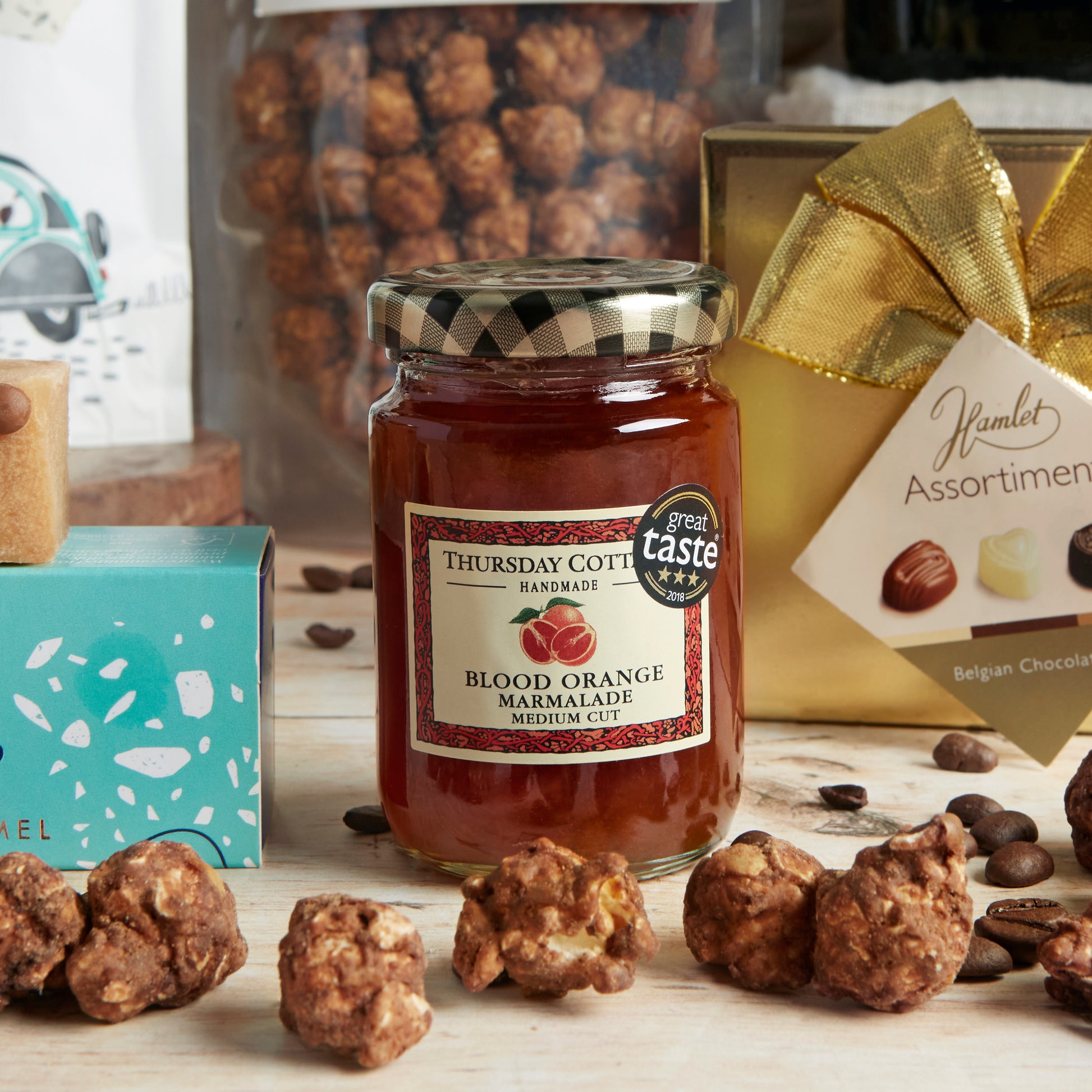 Close up of products in Food & Wine Lovers Gift, a luxury gift hamper from hampers.com UK