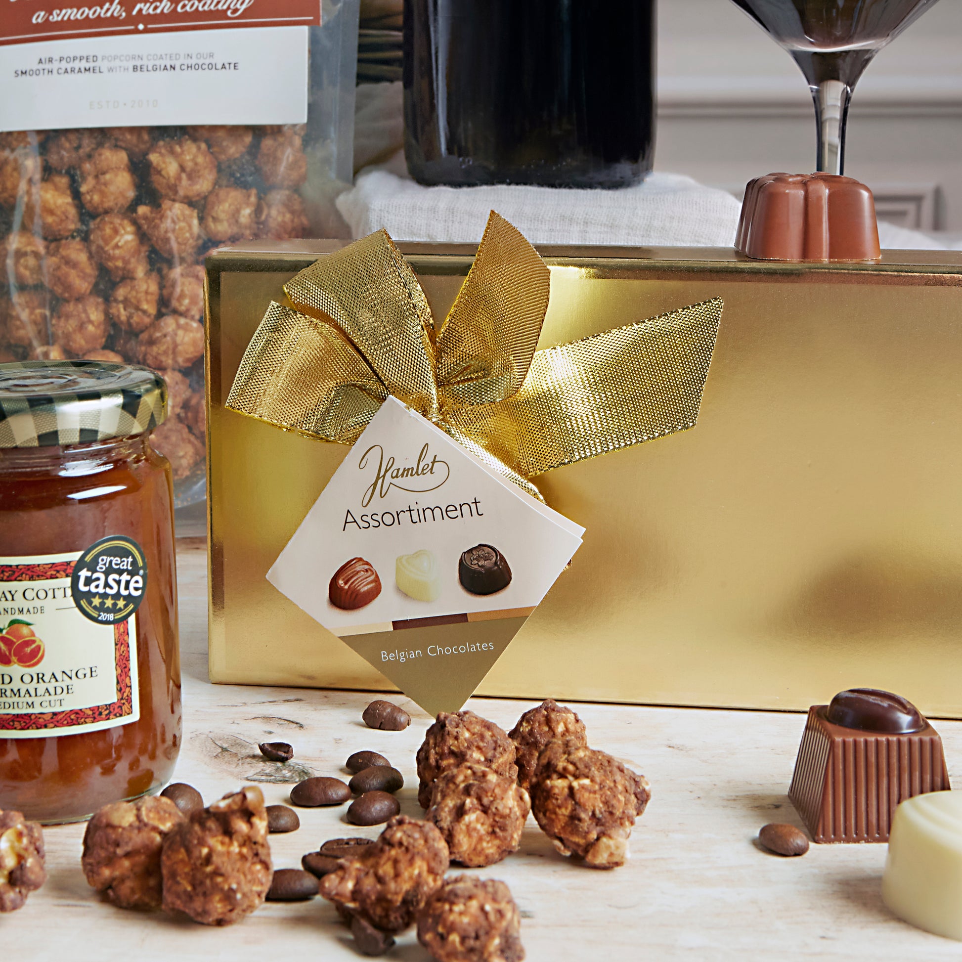 Close up of products in Food & Wine Lovers Gift, a luxury gift hamper from hampers.com UK