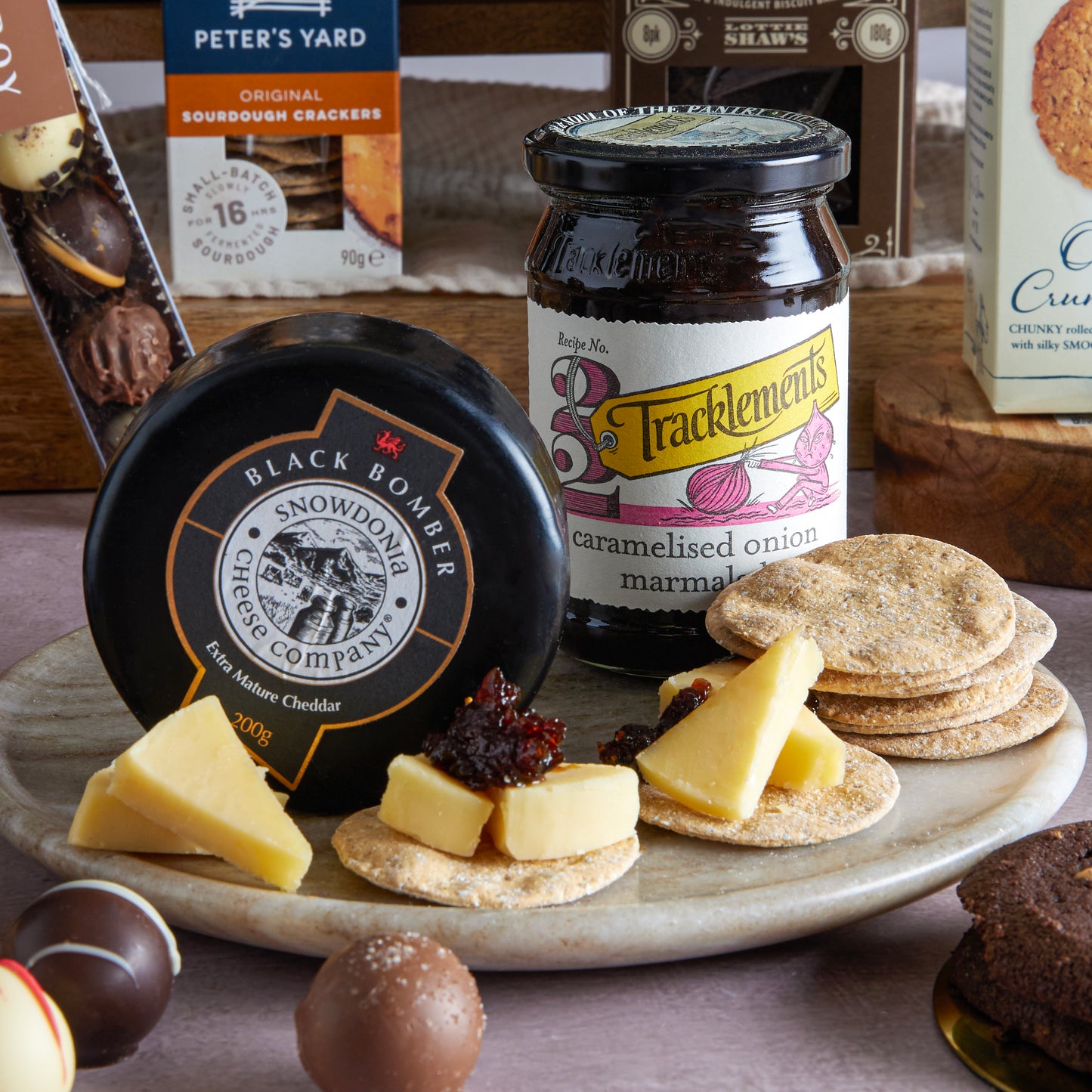 Close up of products in Luxury Food & Wine Basket, a luxury gift hamper from hampers.com UK