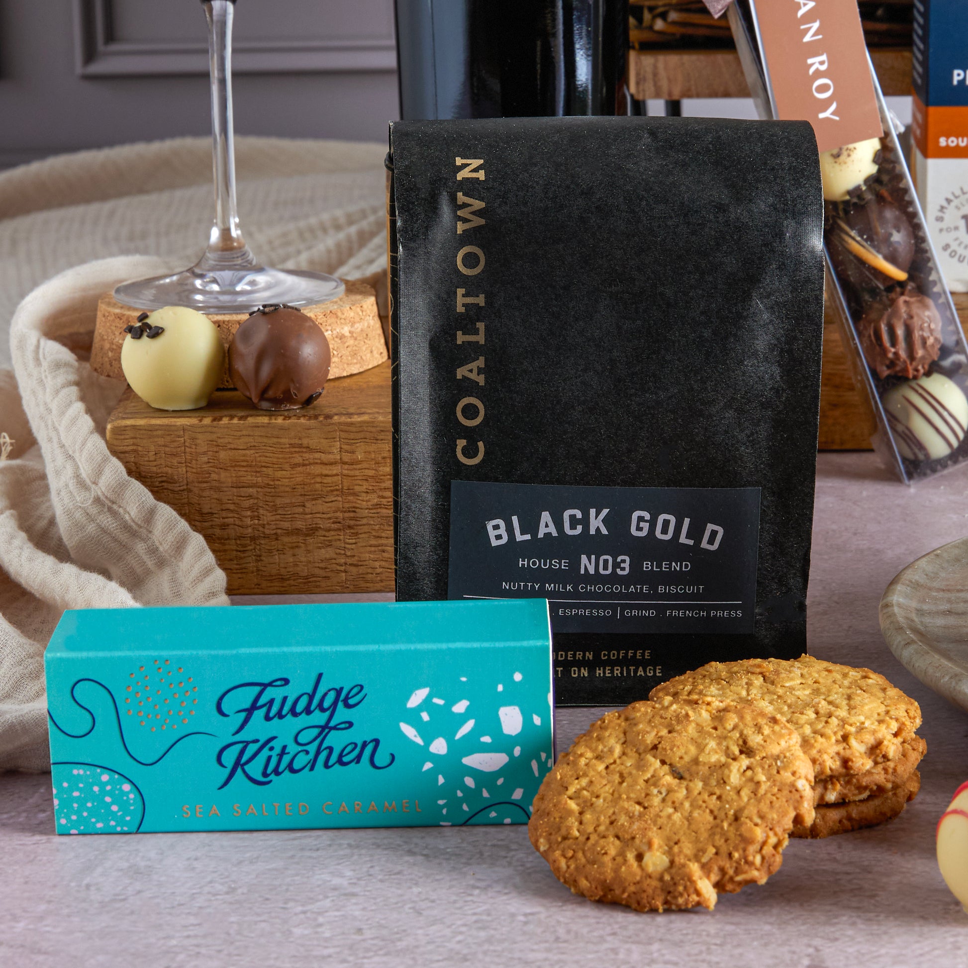 Close up of products in Luxury Food & Wine Basket, a luxury gift hamper from hampers.com UK