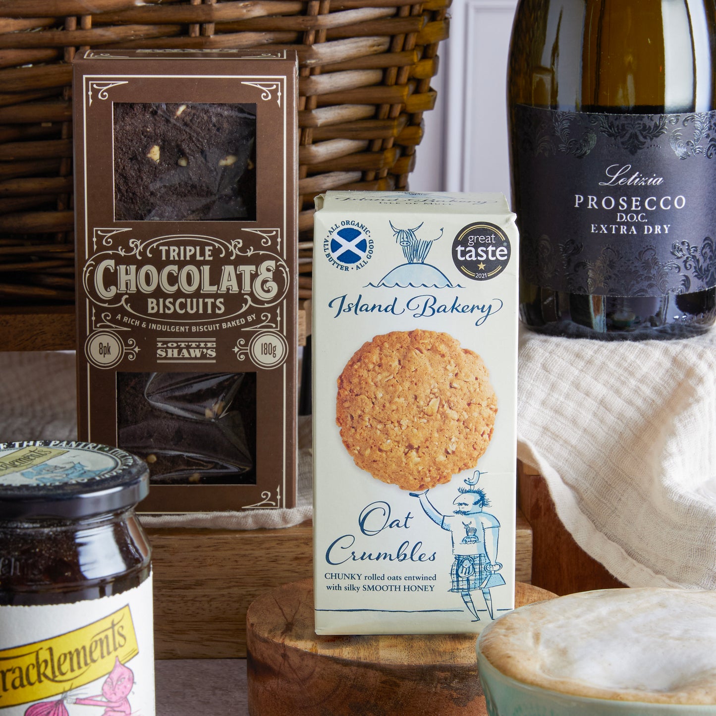 Close up of products in Luxury Food & Wine Basket, a luxury gift hamper from hampers.com UK