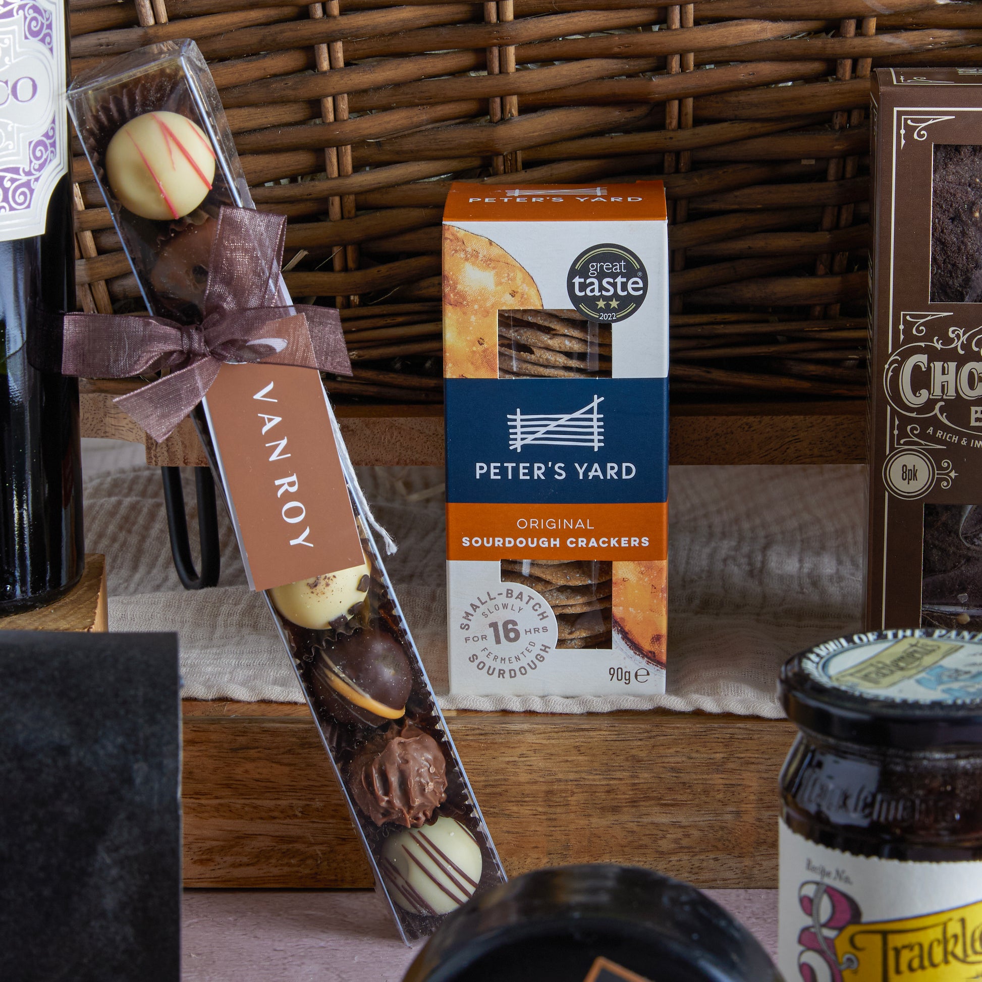 Close up of products in Luxury Food & Wine Basket, a luxury gift hamper from hampers.com UK