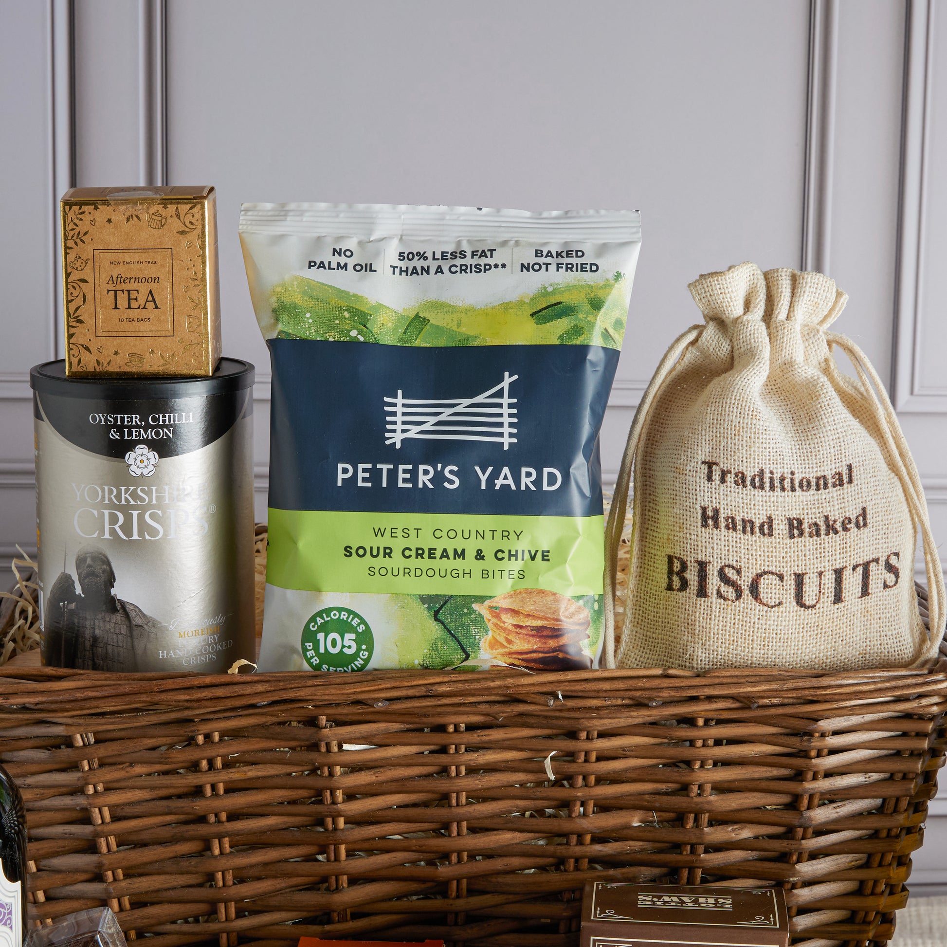 Close up of products in Luxury Food & Wine Basket, a luxury gift hamper from hampers.com UK