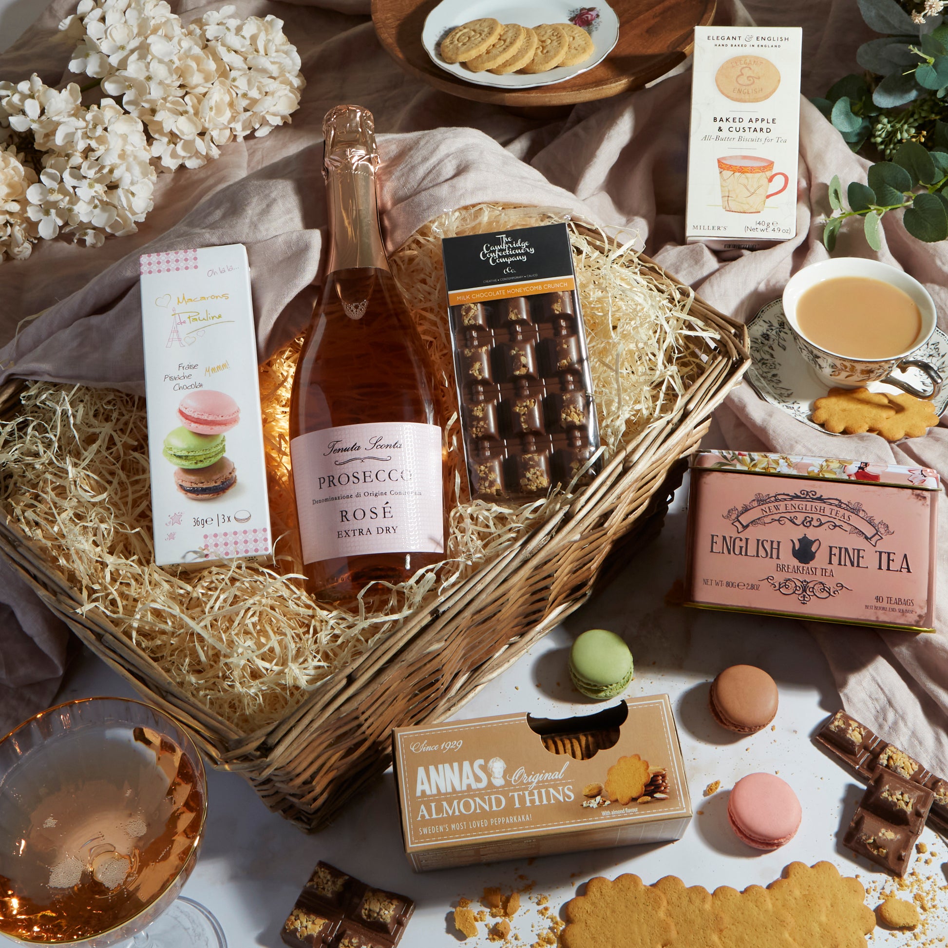 Close up of products in Prosecco Rose Indulgence Hamper, a luxury gift hamper from hampers.com UK