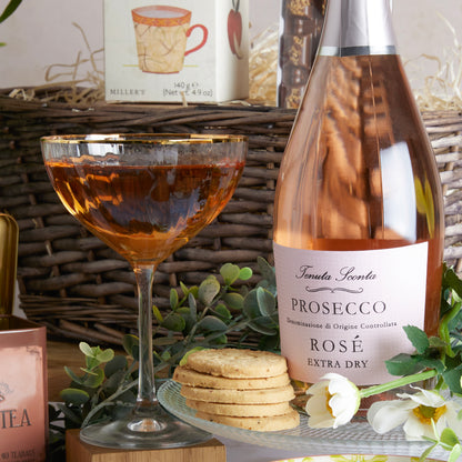 Close up of products in Prosecco Rose Indulgence Hamper, a luxury gift hamper from hampers.com UK