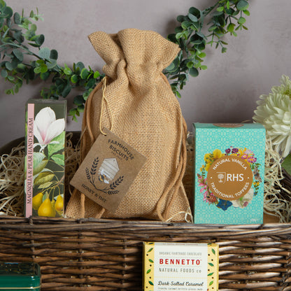 Close up of products in The Garden Tea Break Hamper, a luxury gift hamper from hampers.com UK