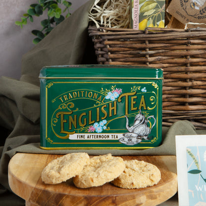 Close up of products in The Garden Tea Break Hamper, a luxury gift hamper from hampers.com UK