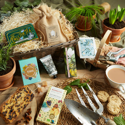 Close up of products in The Garden Tea Break Hamper, a luxury gift hamper from hampers.com UK