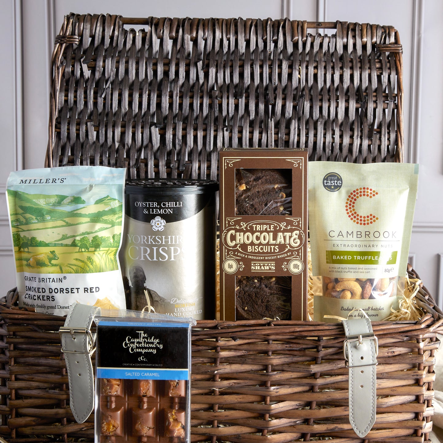 Close up of products in Classic Food & Drink Hamper, a luxury gift hamper from hampers.com UK