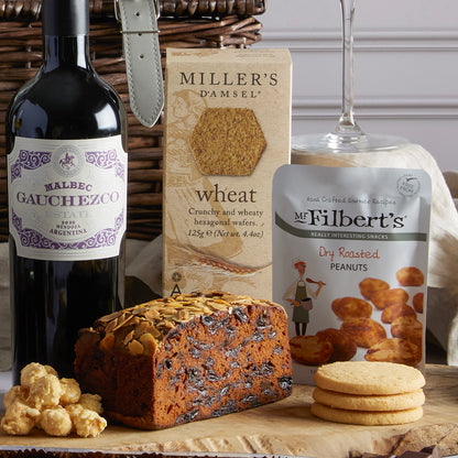 Close up of products in the Premium Food and Wine Hamper, a luxury gift hamper from hampers.com UK