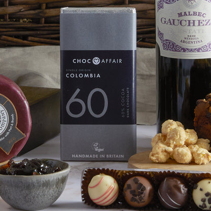 Close up of products in the Premium Food and Wine Hamper, a luxury gift hamper from hampers.com UK