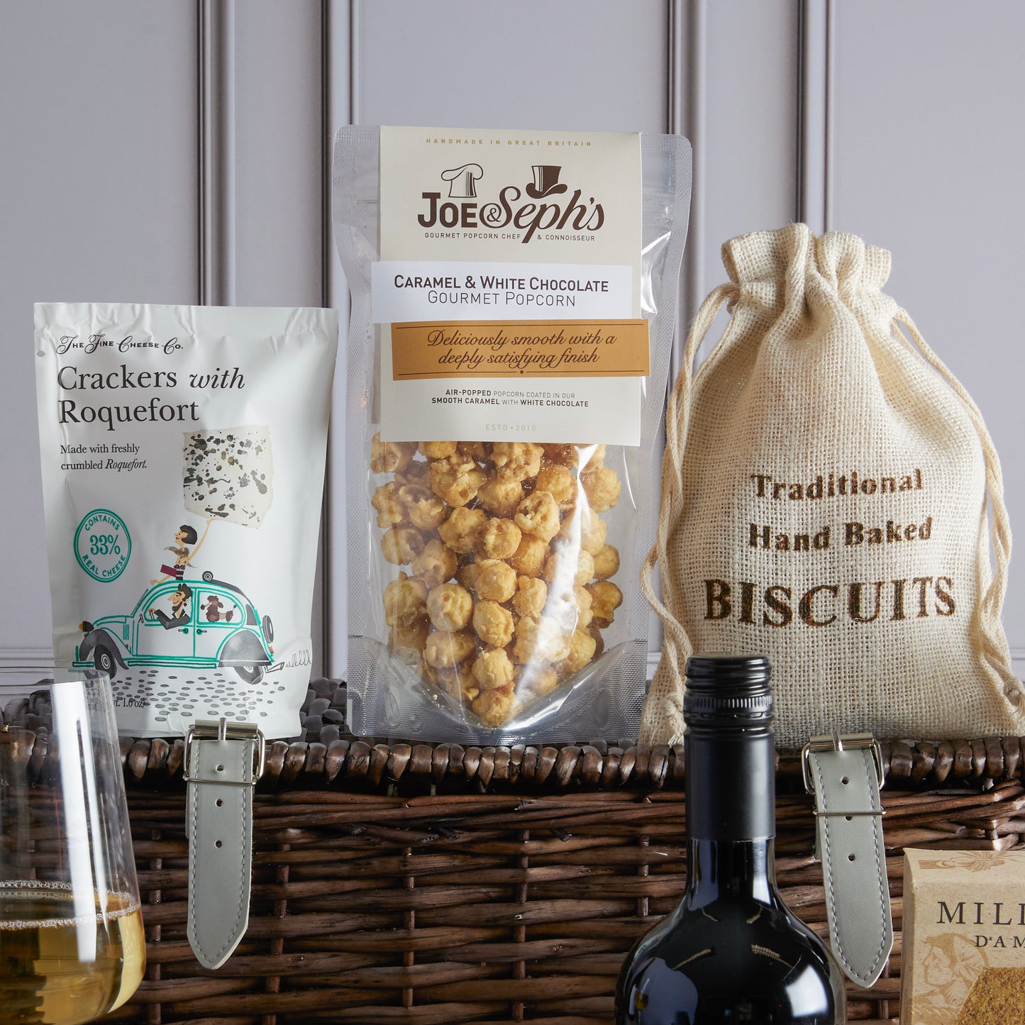 Close up of products in the Premium Food and Wine Hamper, a luxury gift hamper from hampers.com UK