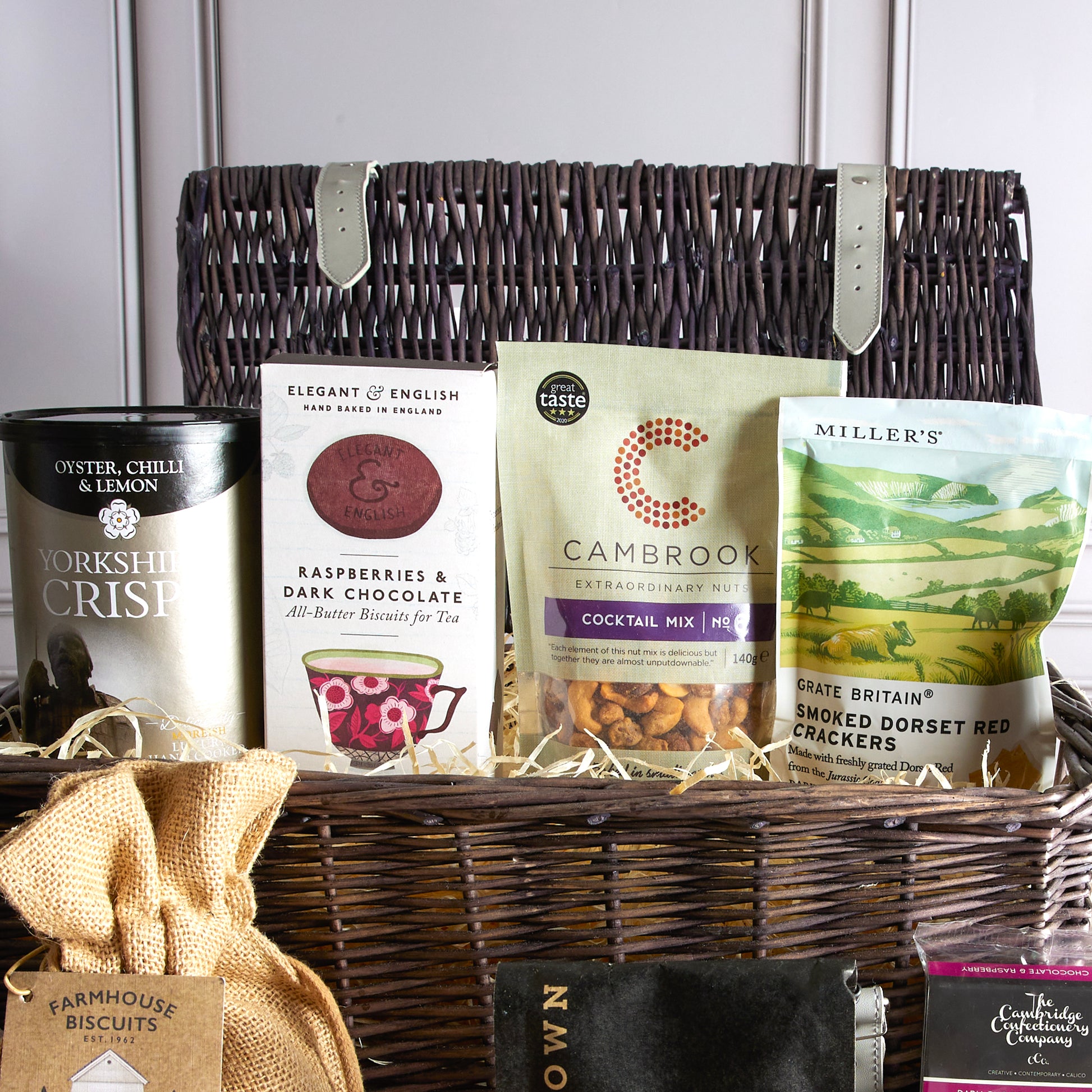 Close up of products in the Prestige Food & Wine Hamper, a luxury gift hamper from hampers.com UK