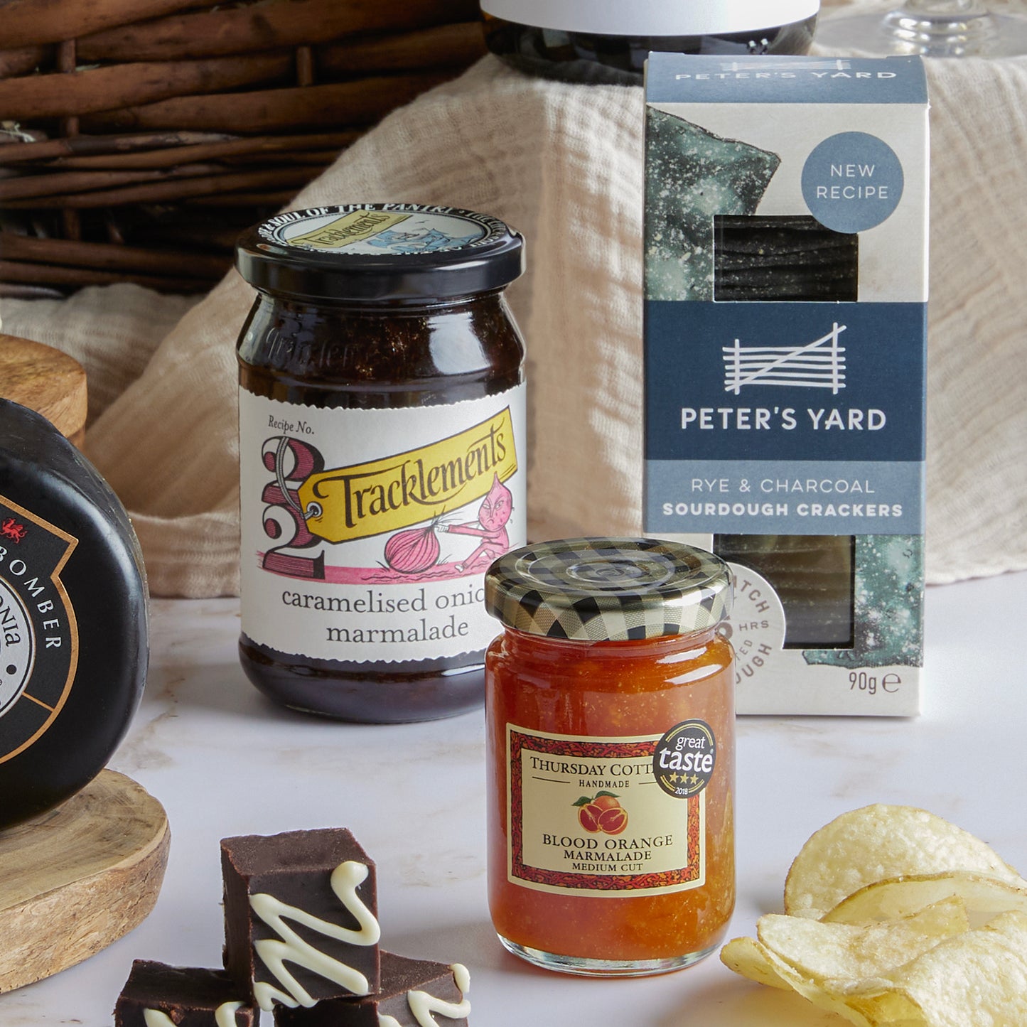 Close up of products in The Regency Hamper, a luxury gift hamper from hampers.com UK