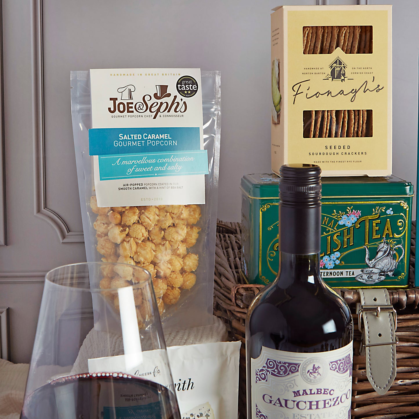 Close up of products in The Grand Food & Wine Hamper, a luxury gift hamper from hampers.com UK