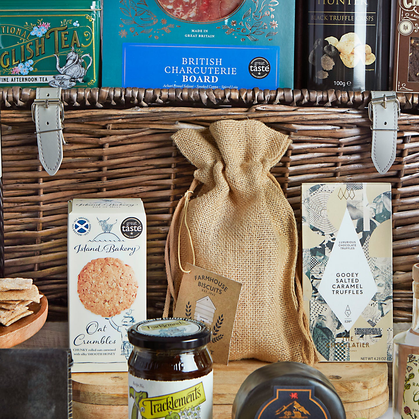 Close up of products in The Grand Food & Wine Hamper, a luxury gift hamper from hampers.com UK