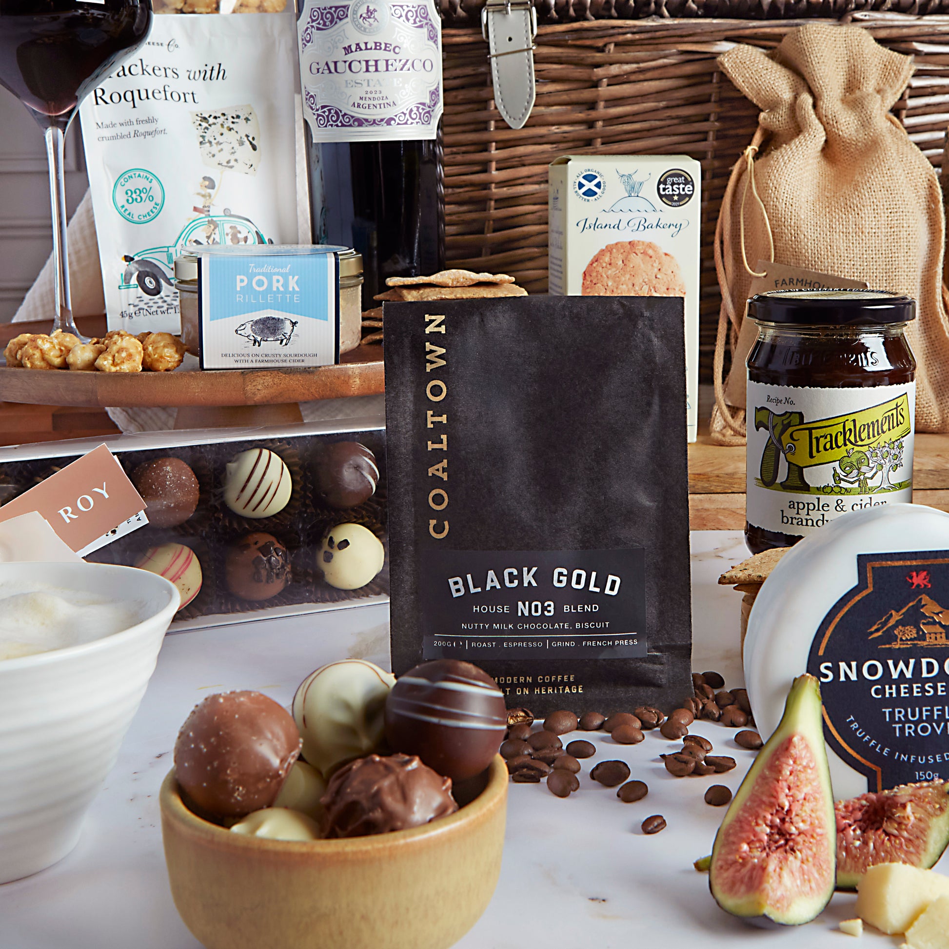 Close up of products in The Grand Food & Wine Hamper, a luxury gift hamper from hampers.com UK