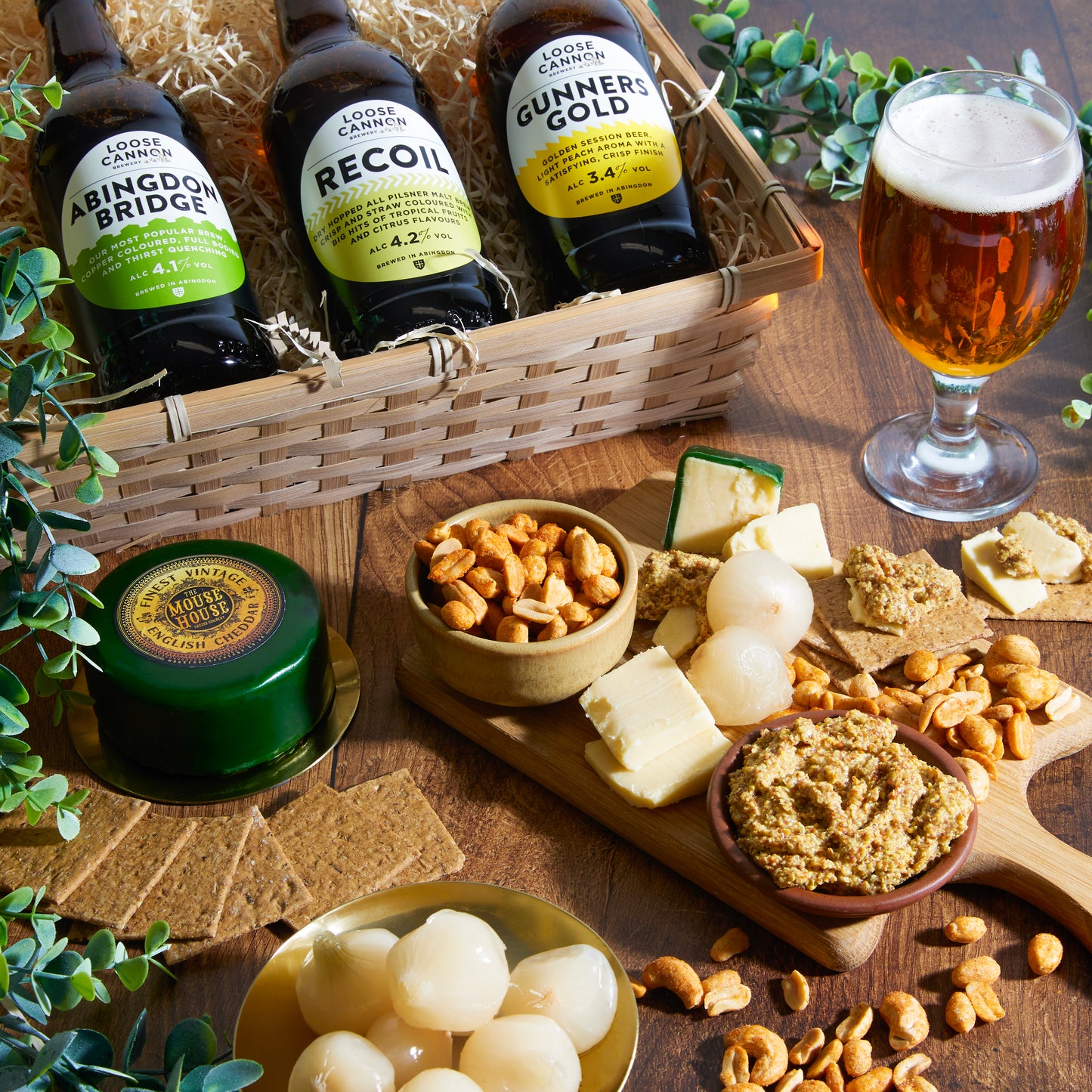 Close up of products in the Real Ale & Cheese Hamper For Him, a luxury gift hamper at hampers.com