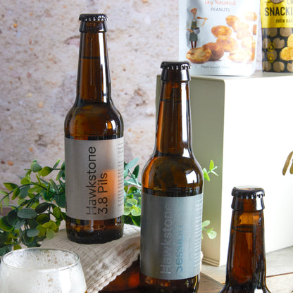 Close up of products in Hawkstone Luxury Beer Hamper, a luxury gift hamper from hampers.com UK