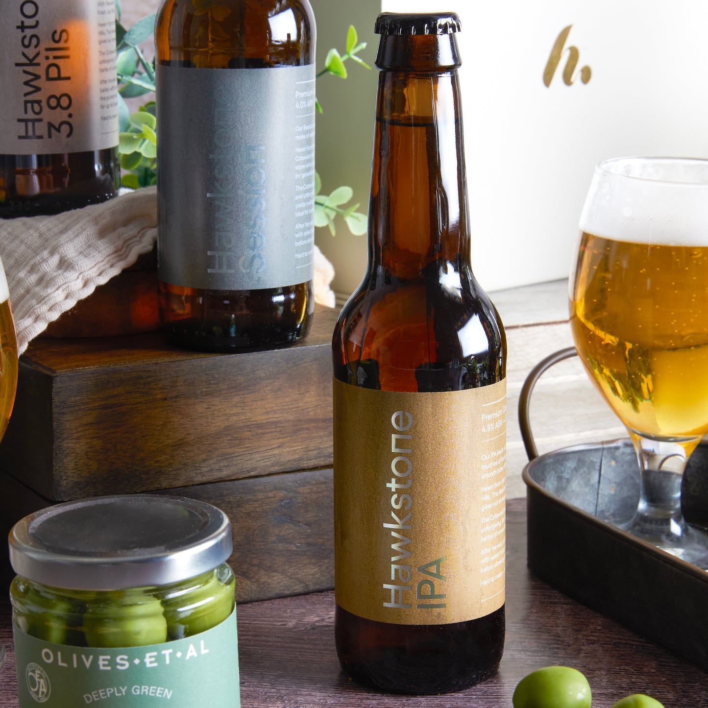 Close up of products in Hawkstone Luxury Beer Hamper, a luxury gift hamper from hampers.com UK