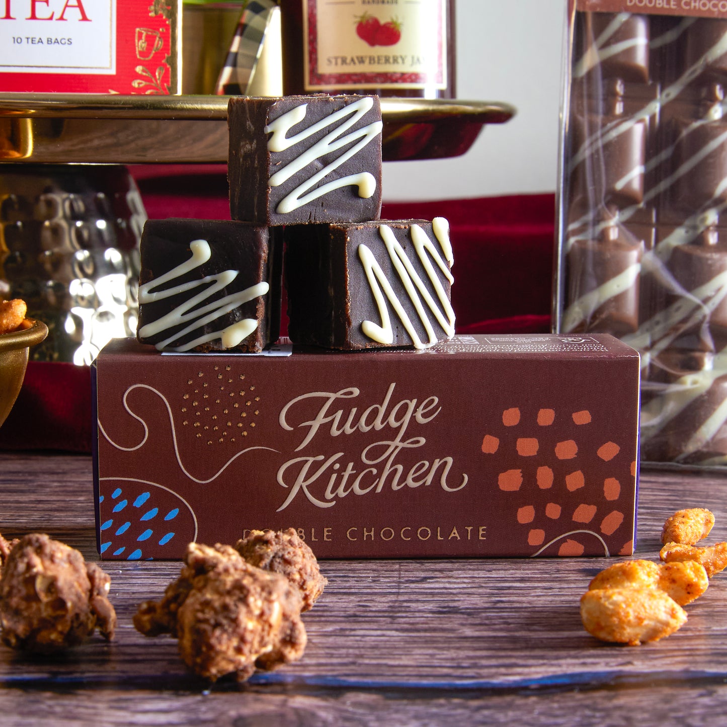 Close up of products in Luxury Festive Flavours Gift Box , a luxury Christmas gift hamper at hampers.com UK