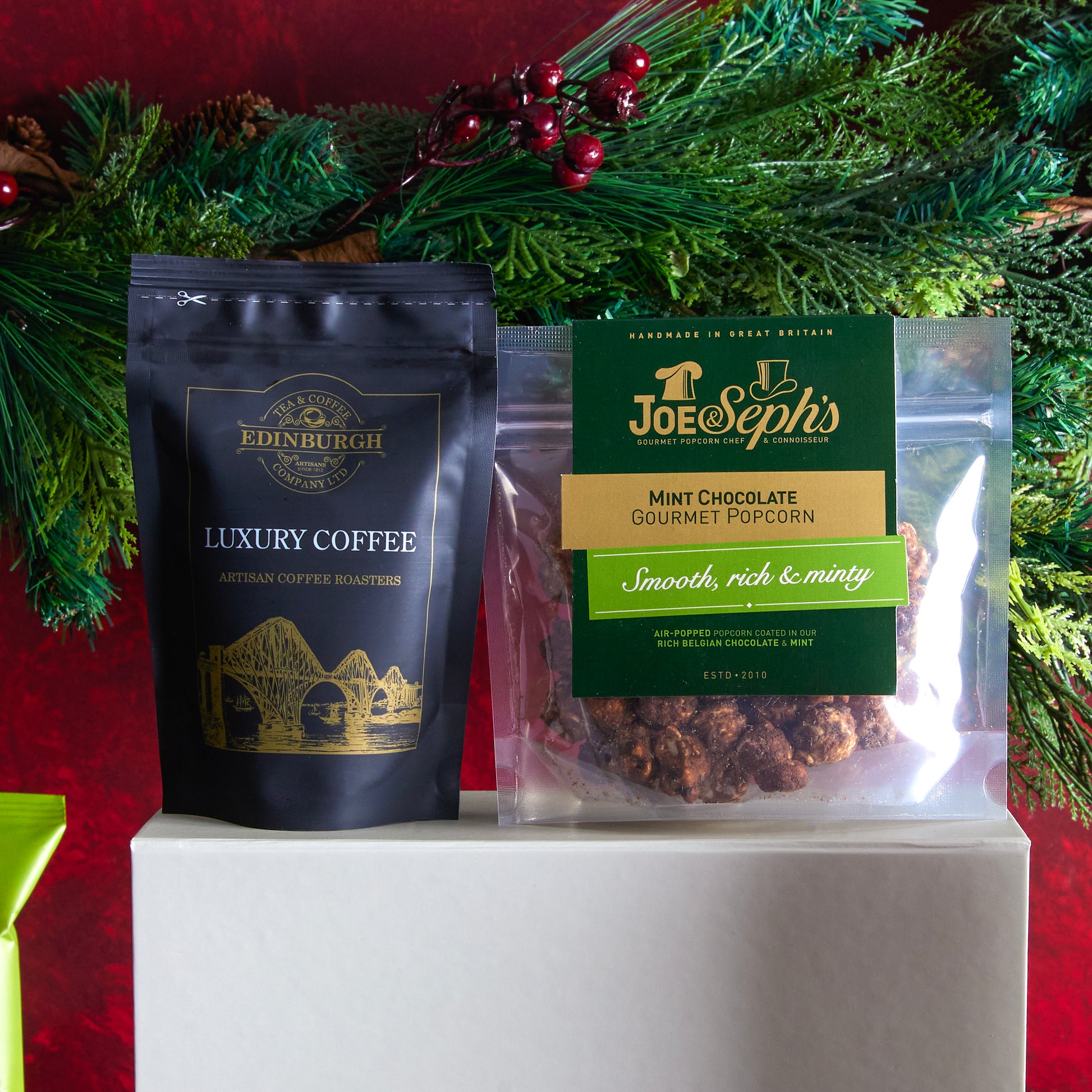 Close up of products in Luxury Festive Flavours Gift Box , a luxury Christmas gift hamper at hampers.com UK