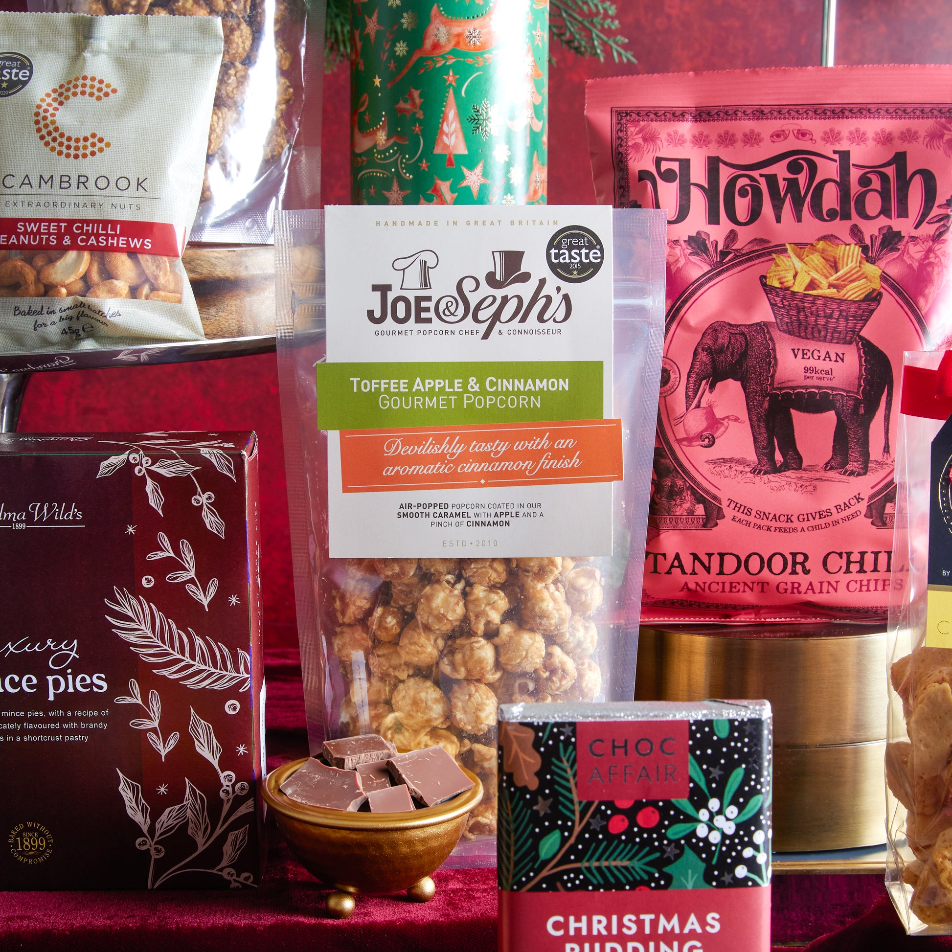 Close up of products in The Christmas Party Sharing Box, a luxury Christmas gift hamper at hampers.com UK