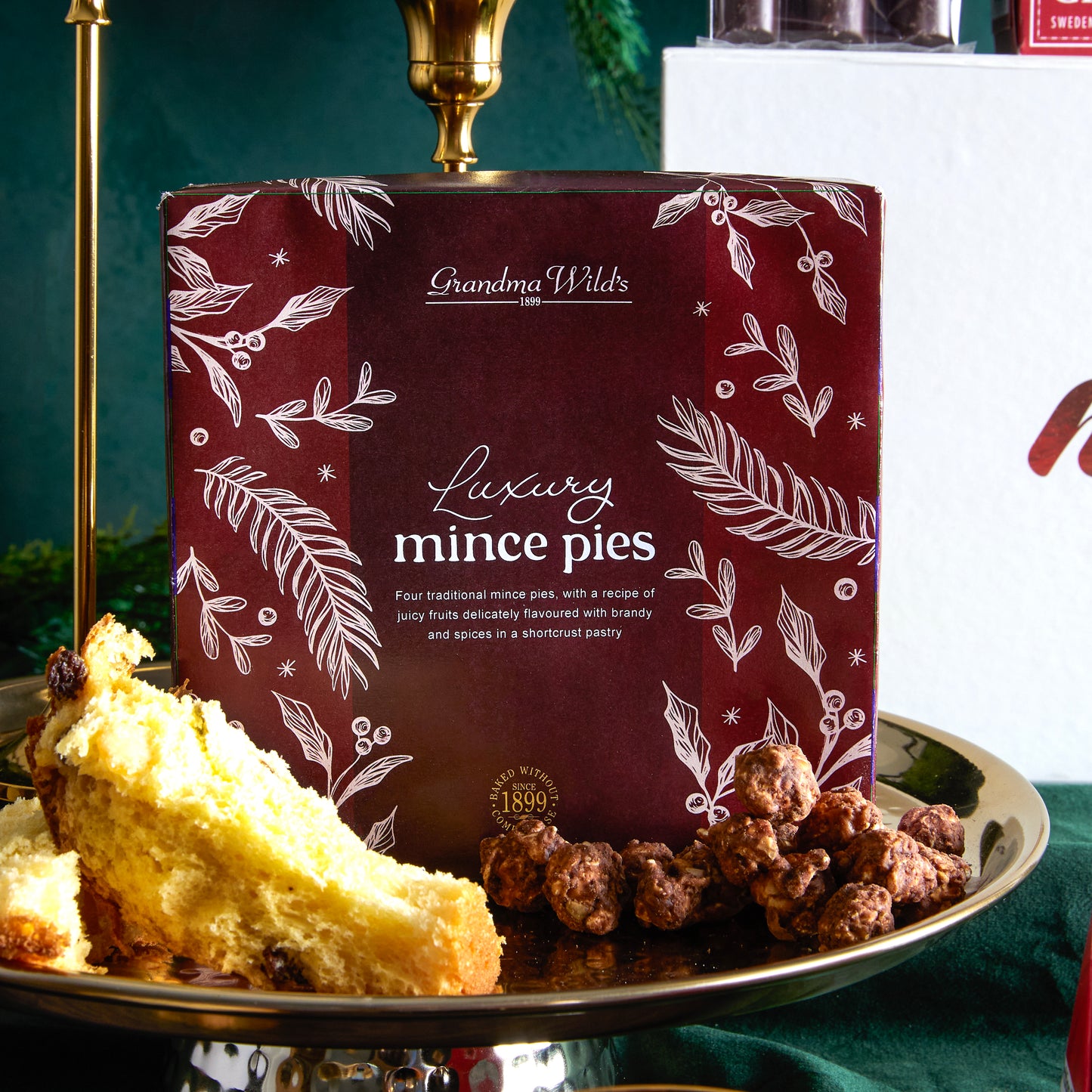 Close up of products in The Festive Night in Hamper, a luxury Christmas gift hamper at hampers.com UK