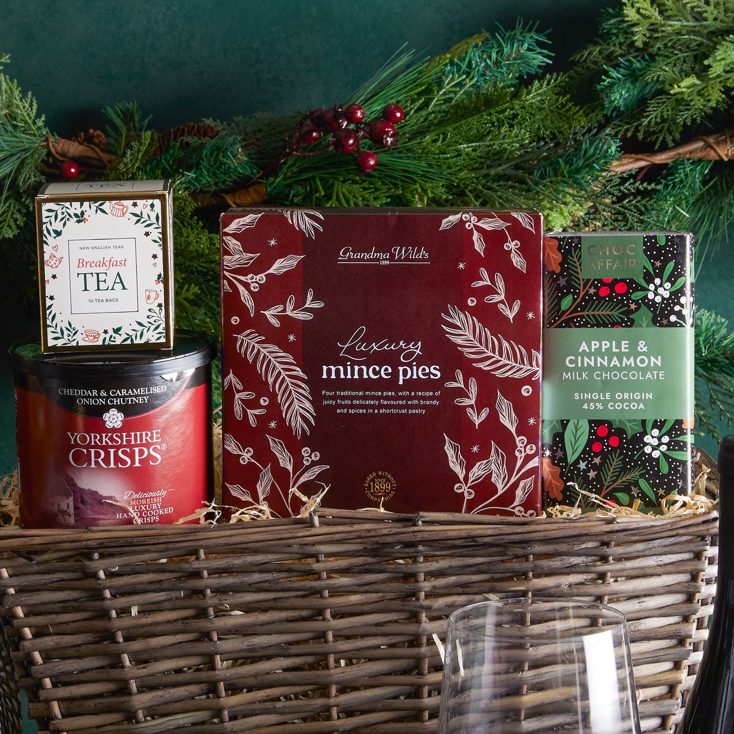 Close up of products in The Winter Wonders Christmas Gift Basket, a luxury Christmas gift hamper at hampers.com UK