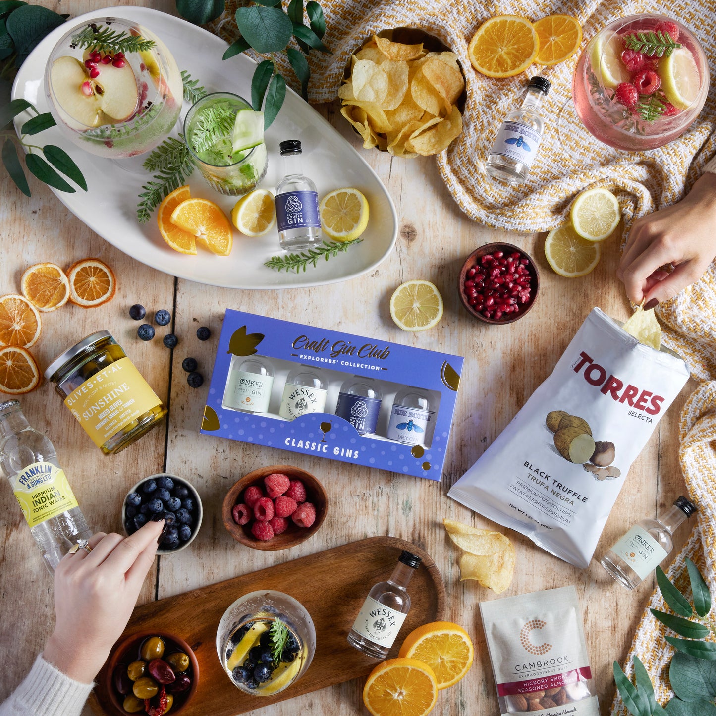 Close up of products in Craft Gin Club Tasting Hamper, a luxury gift hamper from hampers.com uk