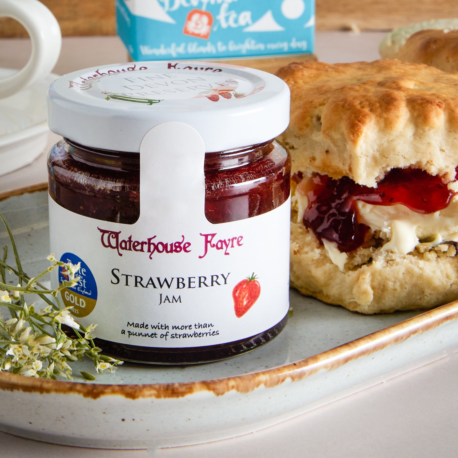 Close up of products in British Cream Tea Hamper, a luxury gift hamper from hampers.com UK