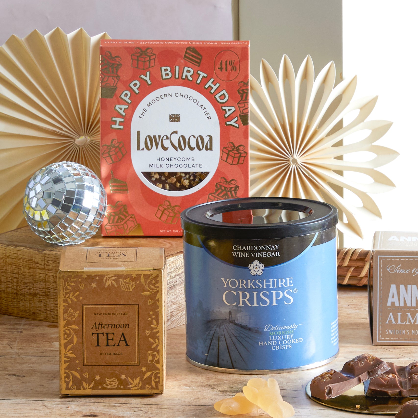 Close up of products in the Birthday Celebration Hamper, a luxury gift hamper at hampers.com