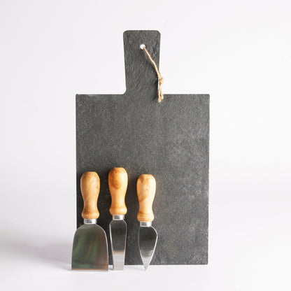 Image of Slate Cheeseboard with Wooden Cheese Knives, part of luxury gift hampers from hampers.com UK