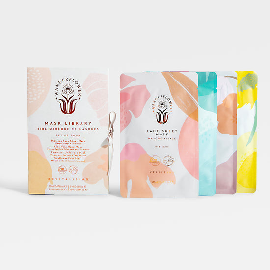 Image of Set of Four Sheet Masks by Wanderflower, part of luxury gift hampers from hampers.com UK