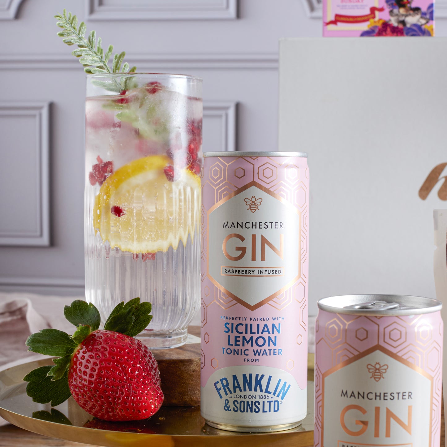 Close up of products in Gin & Treats Hamper for Her, a luxury gift hamper from hampers.com UK