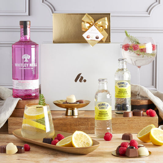 Main image of Whitley Neill Pink Gin & Chocolates Hamper, a luxury gift hamper from hampers.com UK