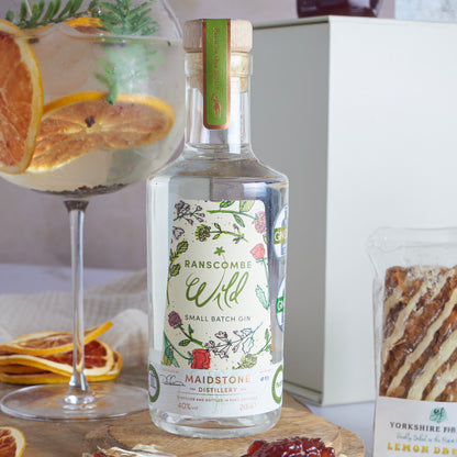 Close up of products in Gin Lovers Cream Tea Hamper, a luxury gift hamper from hampers.com UK